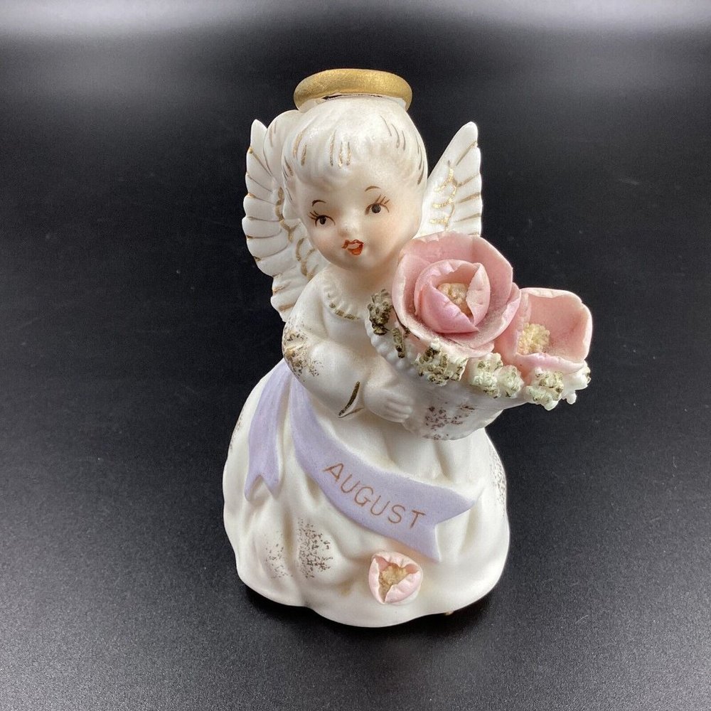 Vintage Lefton Angel Figurine 4.25" Spaghetti August Poppy Peridot #3332